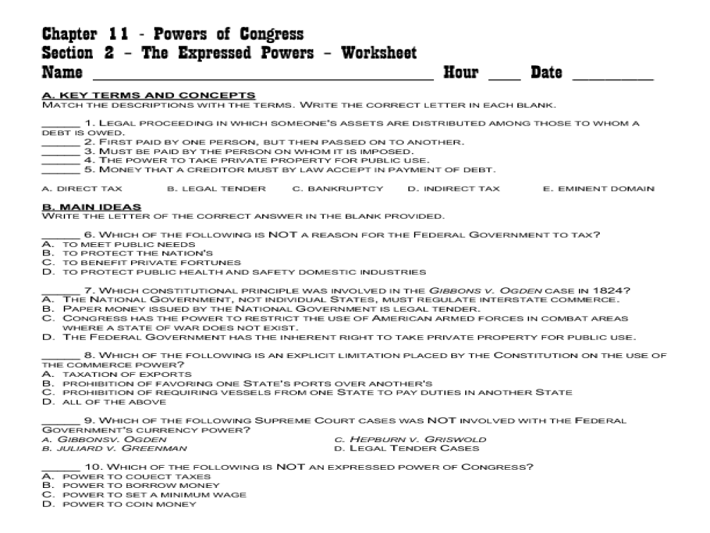 Leadership worksheet congressional congress answers committees branch legislative activity