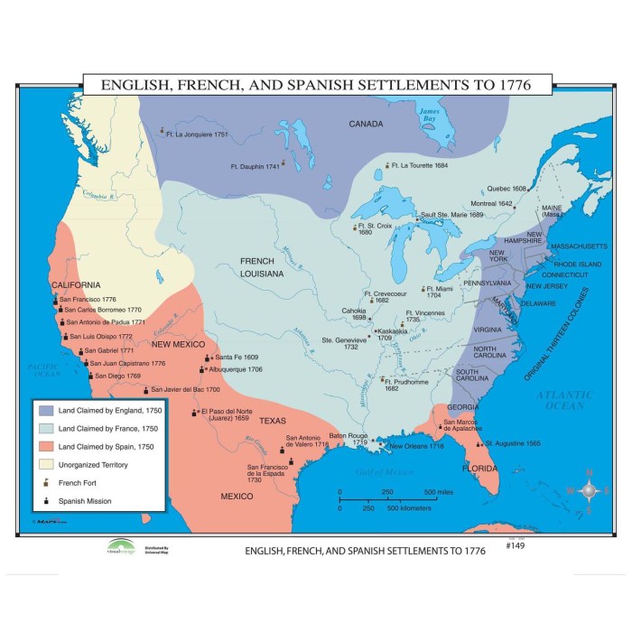 French spanish and english settlements map to 1776