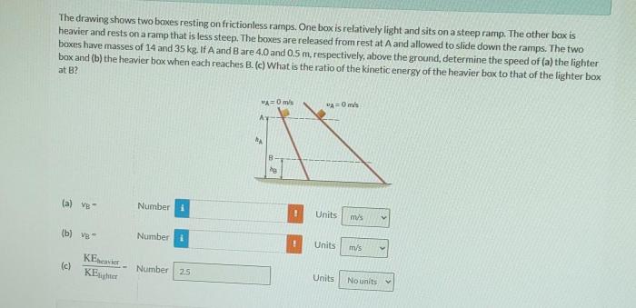 The drawing shows two boxes resting on frictionless ramps