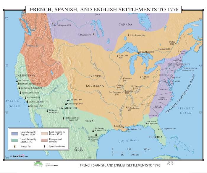 French spanish and english settlements map to 1776