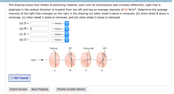 The drawing shows four sheets of polarizing material